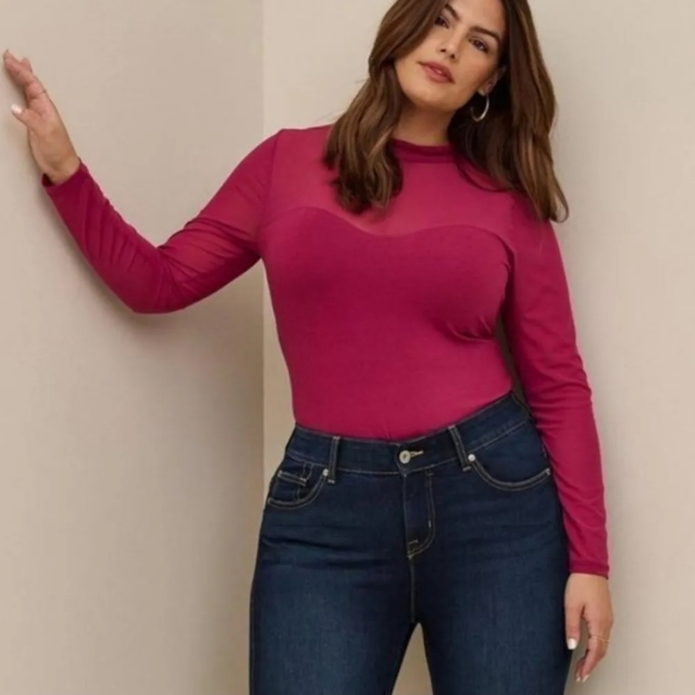 TORRID Bright Berry 🌺Stretch Mesh Foxy Mock Neck Long Sleeve Top SIZE 0=Large